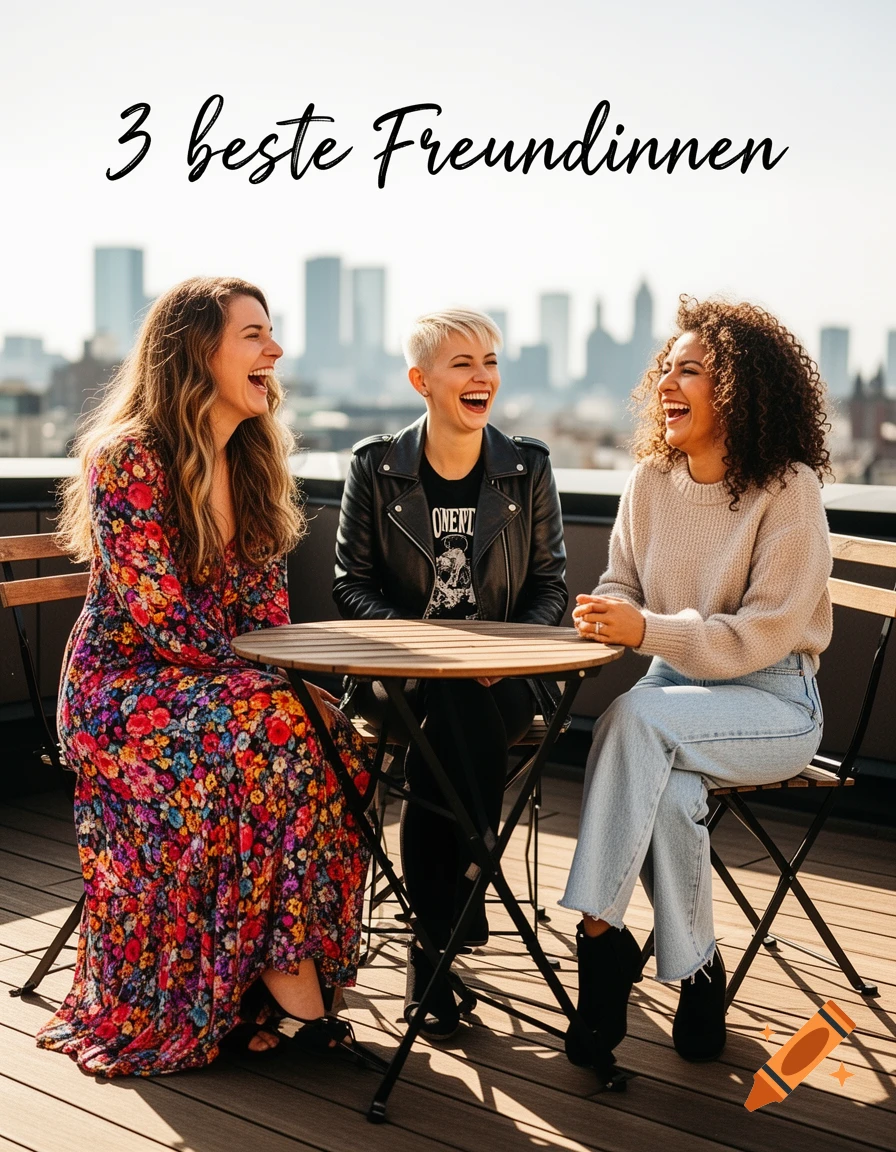 Three women laugh on a rooftop with a city skyline. Text '3 beste Freundinnen' at top.