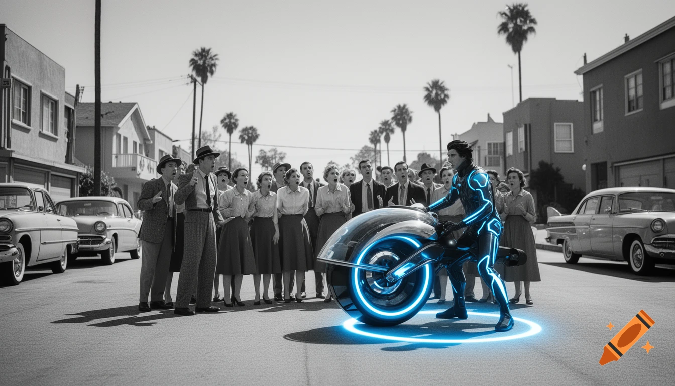 A black and white 1950s street scene with a glowing blue Tron character and light bike shocking a crowd of onlookers.