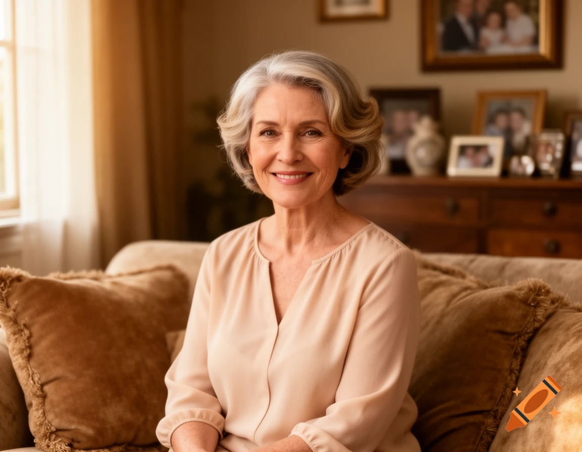 A smiling elderly woman with short gray hair sits on a brown couch in a sunlit living room, photorealistic.