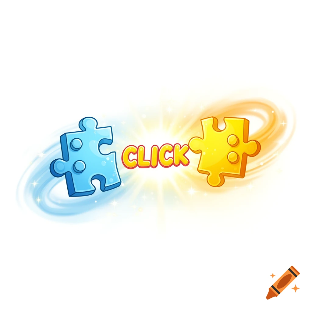 Cartoon of a blue and a yellow puzzle piece with "CLICK" text in the center, surrounded by glowing effects.
