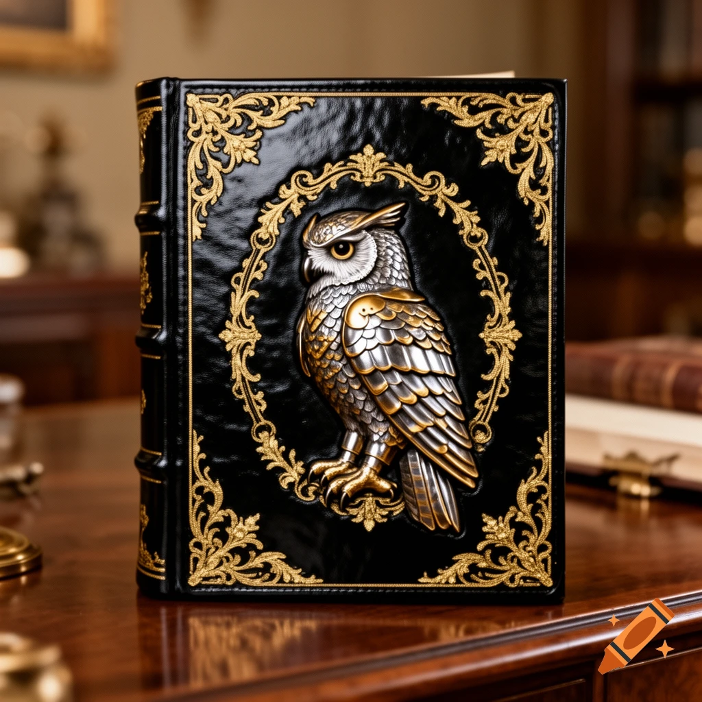 Ornate black book with gold trim and a metallic silver and gold owl relief on its cover, on a polished wooden desk.