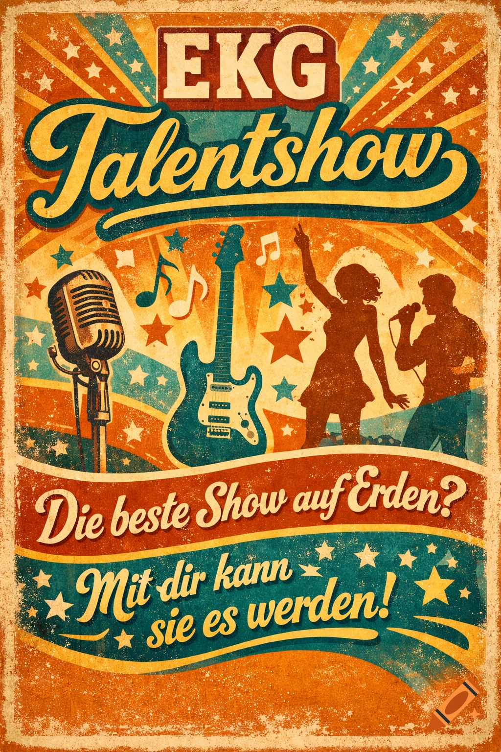Retro-style poster for 'EKG Talentshow' with silhouettes of performers, microphone, and guitar on a starry background.