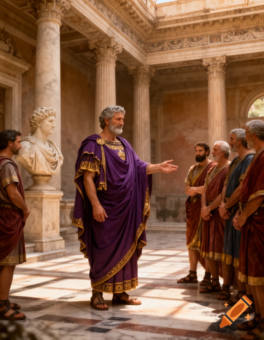 A Roman statesman in a purple toga addresses a group of men in a grand, sunlit classical courtyard with columns.