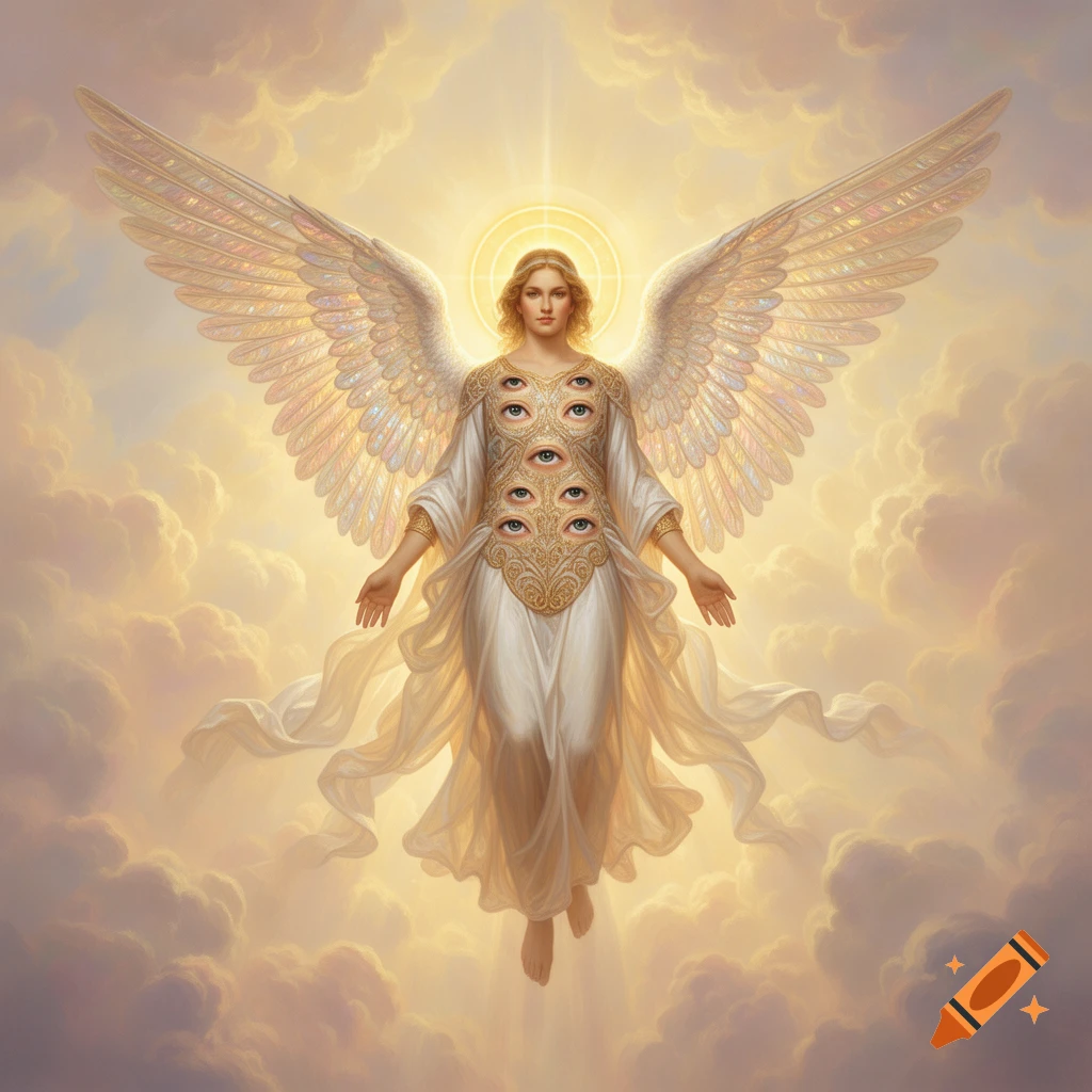 Majestic angel with large feathery wings and multiple eyes on its chest, floating in glowing clouds. Religious fantasy art.