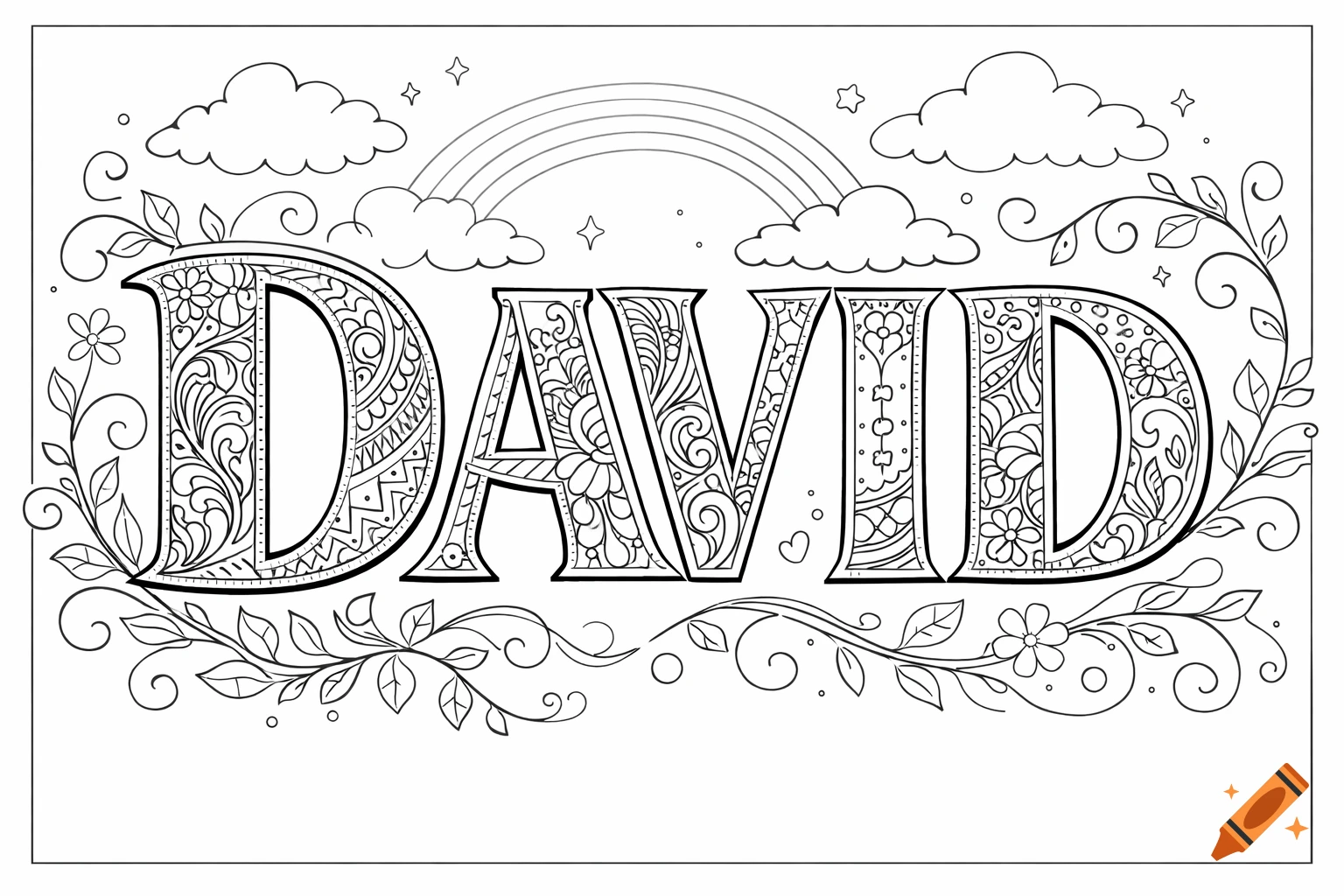 Black and white coloring page with the name DAVID in ornate, floral-patterned letters, surrounded by leaves, clouds, a rainbow, and stars.