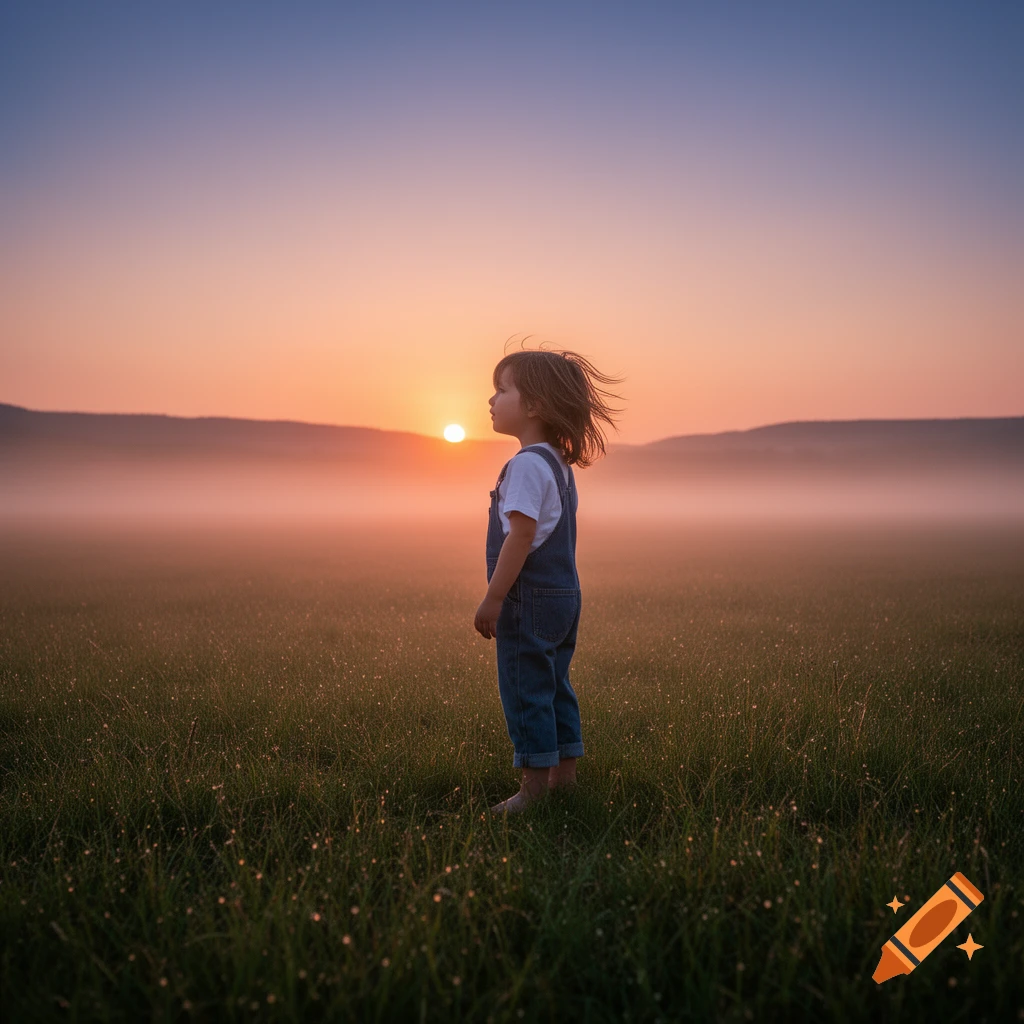 A small child in overalls stands in a dewy field, looking at the sunrise over misty mountains in a photorealistic style.