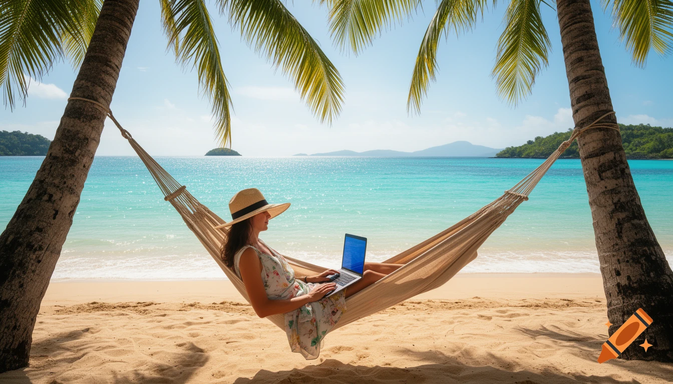 A person in a straw hat and dress works on a laptop in a hammock strung between palm trees on a sunny tropical beach.