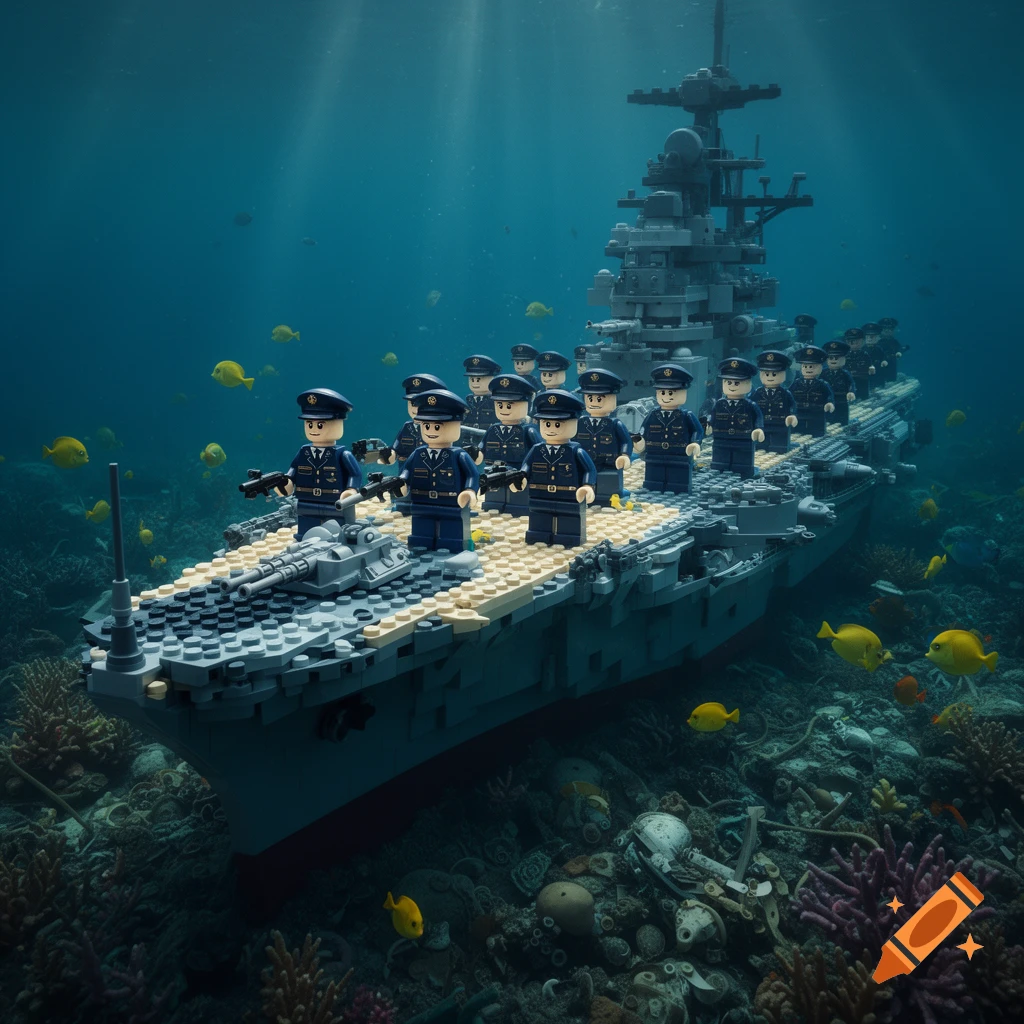 A Lego warship with navy minifigures on deck rests on an underwater coral reef with tropical fish.