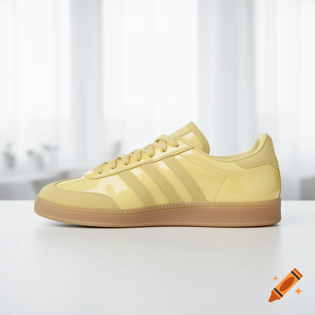A single pastel yellow Adidas BW Army sneaker with patent leather and suede details and a gum sole, on a white surface.
