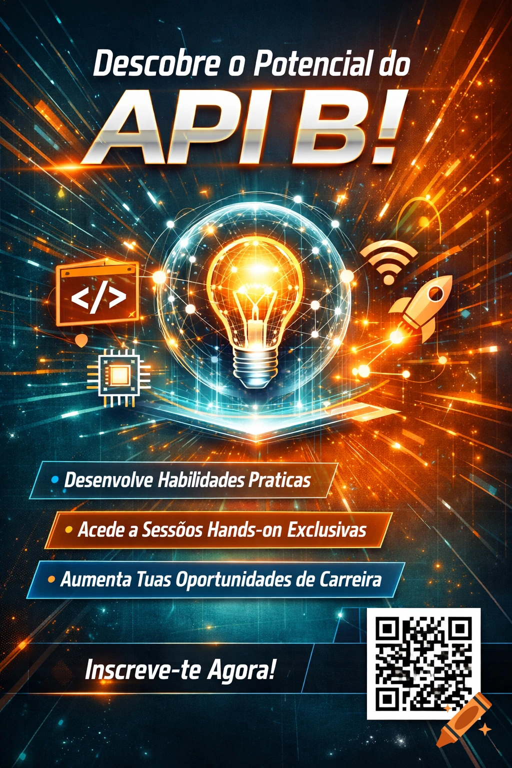 A vibrant blue and orange promotional poster for "API B" features a glowing lightbulb, code icon, rocket, and microchip, surrounded by abstract lines. Text includes bullet points about developing skills and career opportunities, with a QR code at the bottom.