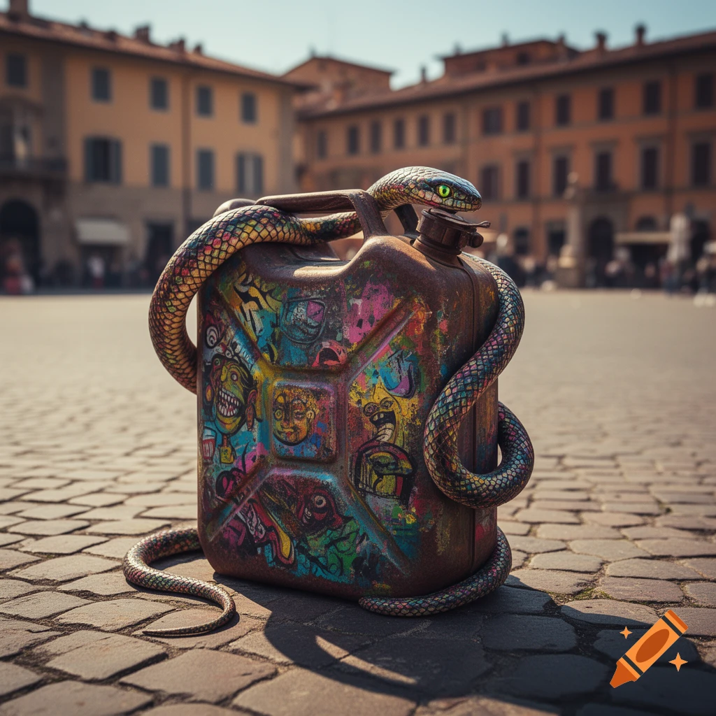 A colorful snake with green eyes wrapped around a rusty, graffiti-covered jerrycan on a cobblestone street.