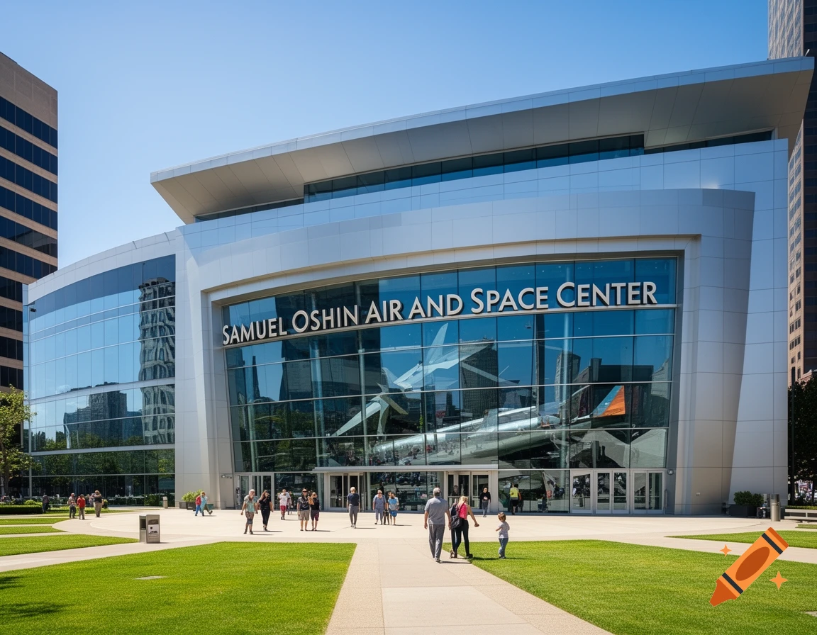 A modern Samuel Oshin Air and Space Center building with a large glass facade, people walking on green lawns outside on a sunny day.