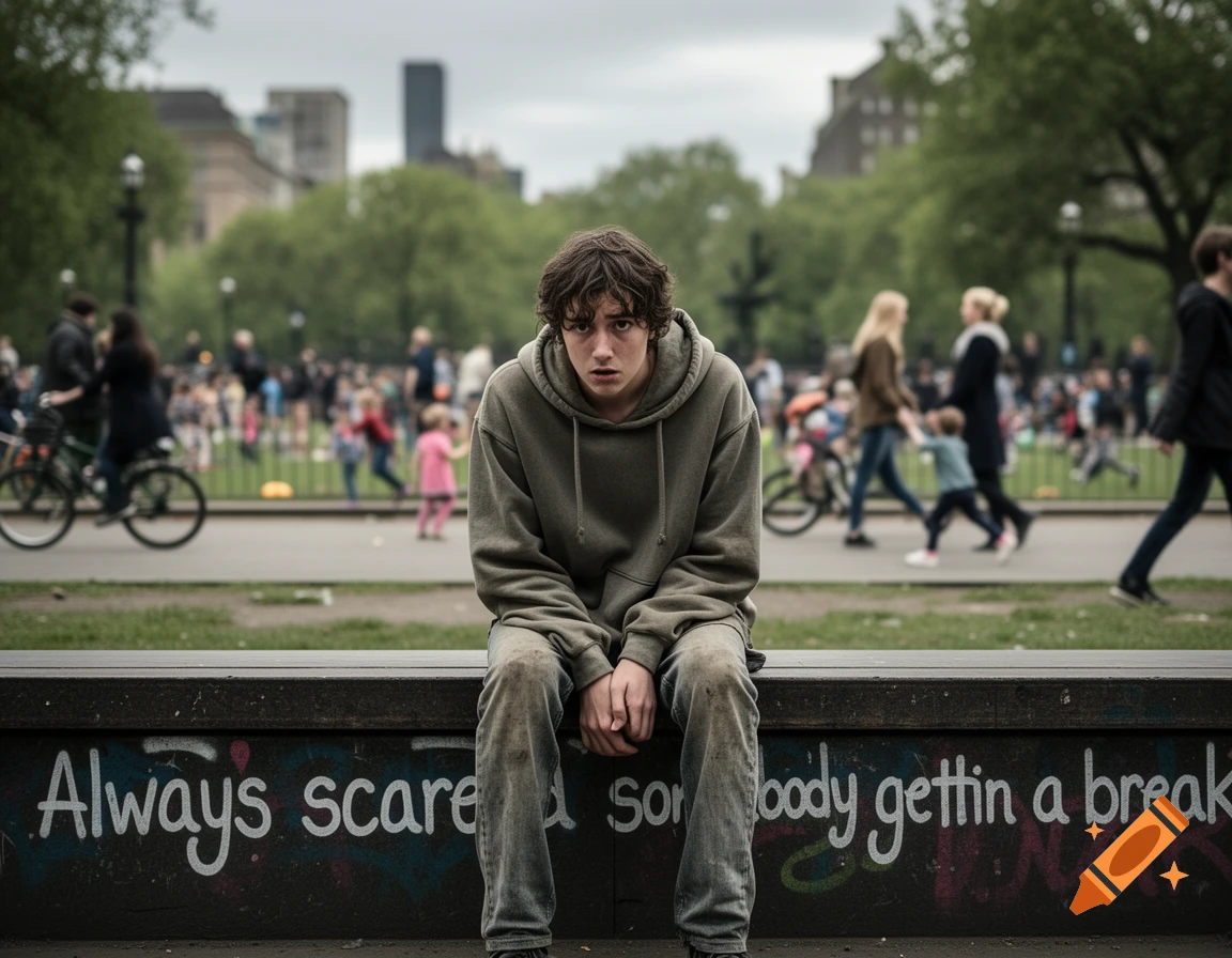A sad-looking young person in a hoodie and jeans sits on a bench with graffiti reading "Always scared somebody gettin a break" in a blurry city park.