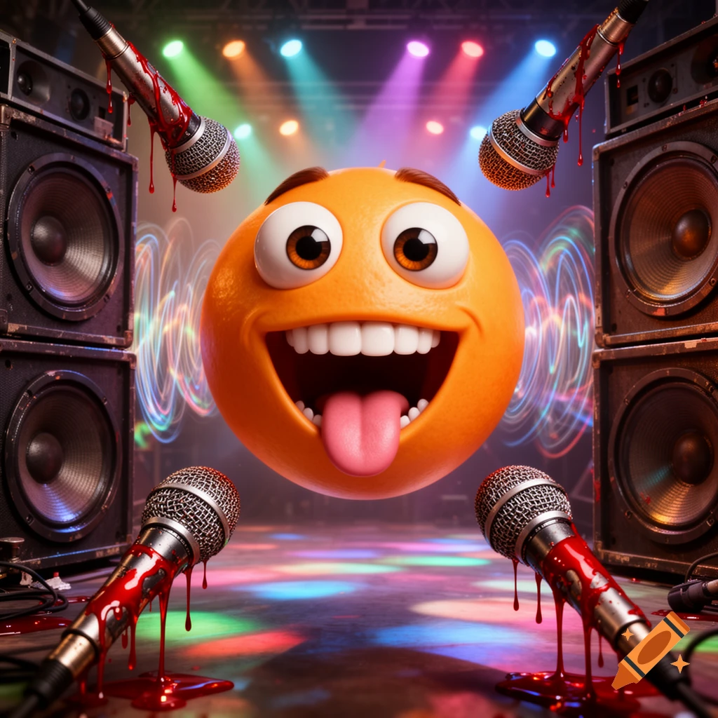 A smiling orange emoji with wide eyes and tongue out floats center stage at a concert, surrounded by stacked speakers and microphones dripping red liquid like blood, under colorful stage lights.