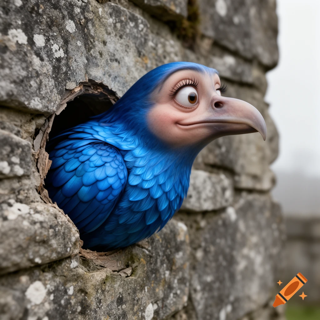 A blue, feathery bird-like creature with a human-like princess face peeks out from a hole in a rustic stone wall.