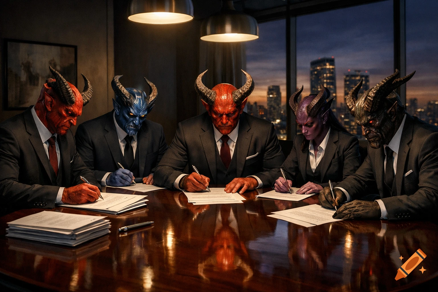 Photorealistic image of five demons in business suits signing papers at a table with a city skyline backdrop.