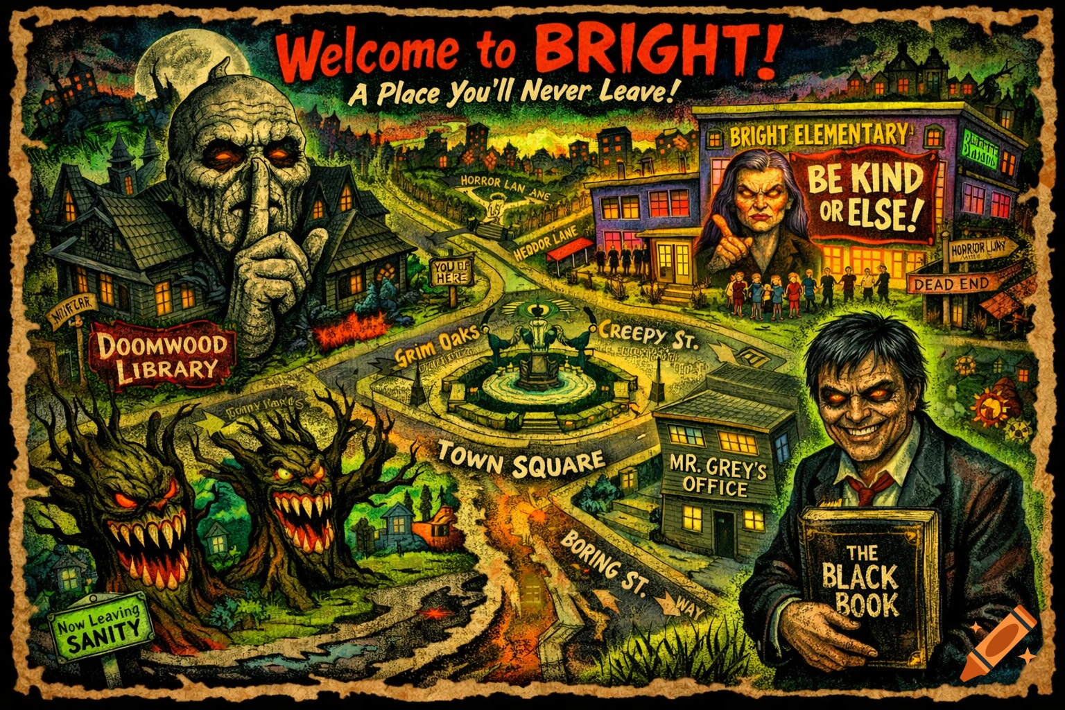 An "Iron Maiden style" horror town map featuring creepy landmarks, monstrous trees, and eerie characters like a shushing ghoulish figure, a stern woman, and a grinning man holding 'THE BLACK BOOK'.