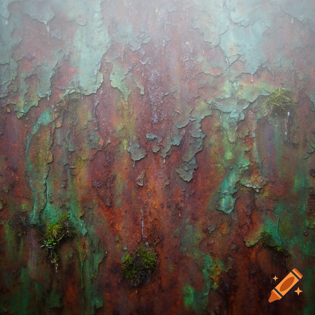 A close-up photorealistic texture of deeply corroded metal with peeling green paint, rusty brown patches, small moss clumps, and water droplets.