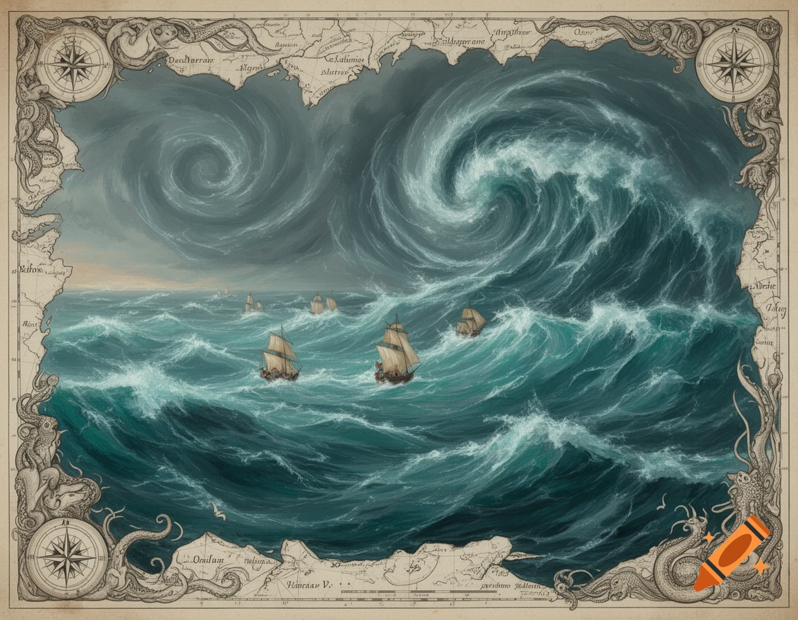 An old-world map-style illustration showing several small sailing ships battling huge waves and stormy skies, framed by a decorative border with sea creatures and compass roses.