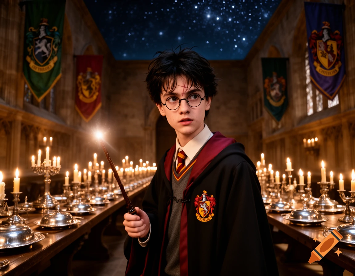 A young boy resembling Harry Potter holds a glowing wand in a grand hall with long candlelit tables and house banners under a starry ceiling.