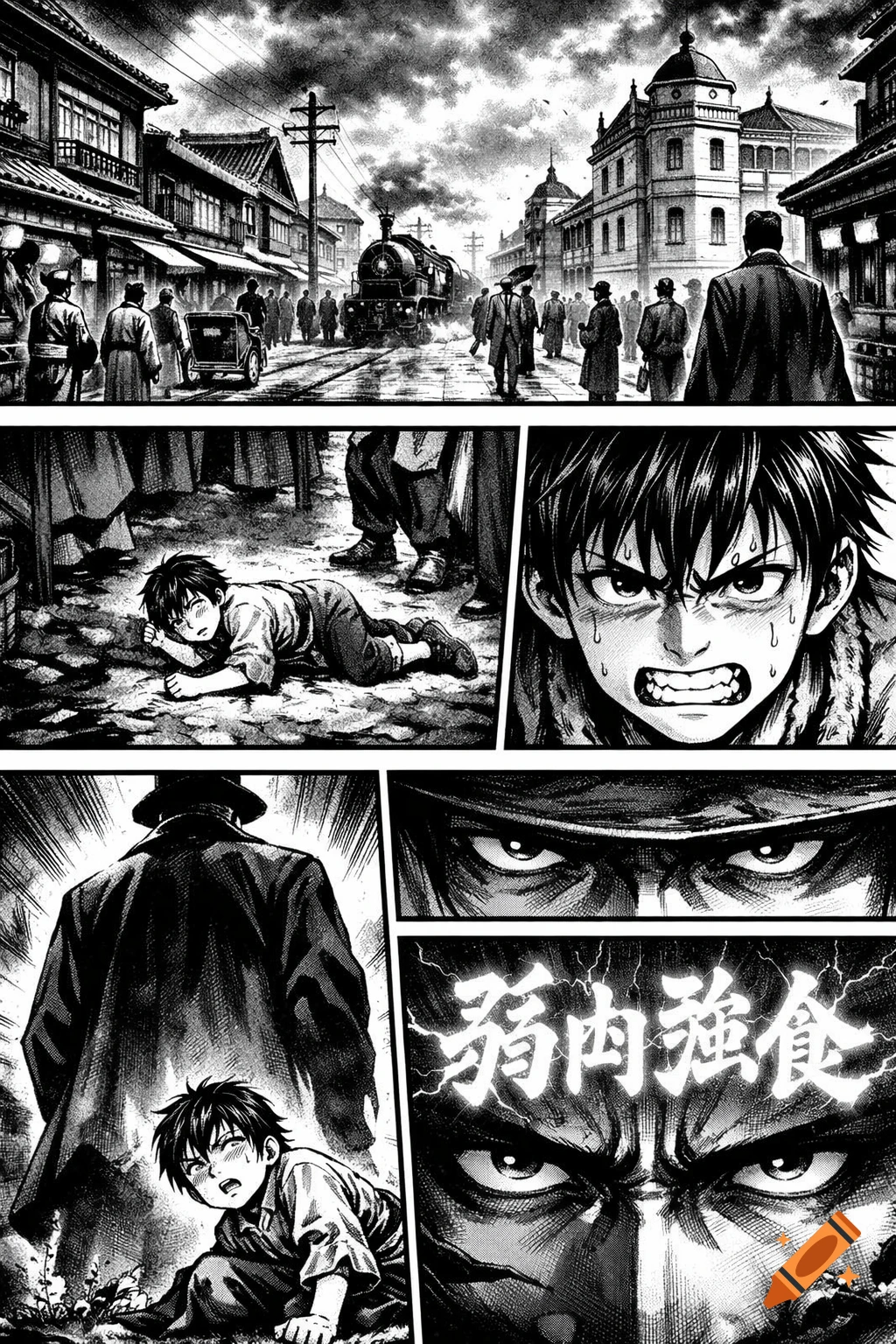 A multi-panel, black and white manga page depicts a distressed boy, an intimidating man, and a bustling Meiji era Japanese street.