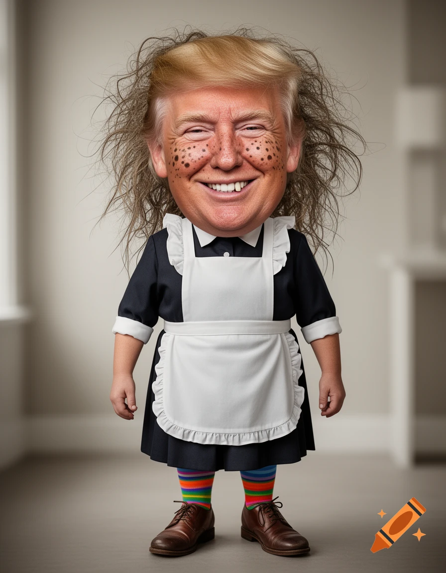A full-body caricature of Donald Trump with messy hair, freckles, a gap tooth smile, wearing a maid outfit and rainbow striped socks.