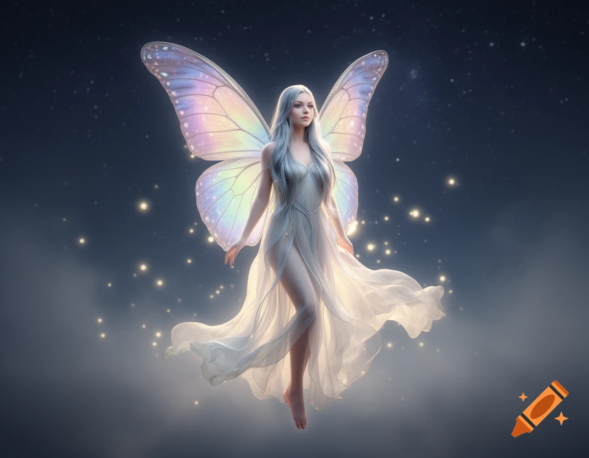 A radiant fairy with long silver hair, translucent pastel wings, and a sheer white dress, floats amidst glowing particles in a dark, starry sky.