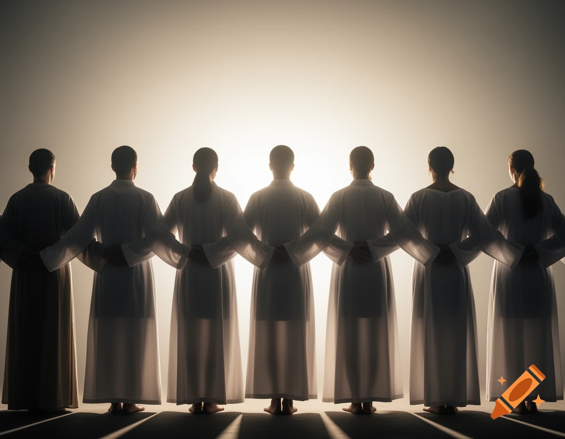 Seven robed figures stand in a line, seen from behind, holding hands, silhouetted against a bright, glowing background.