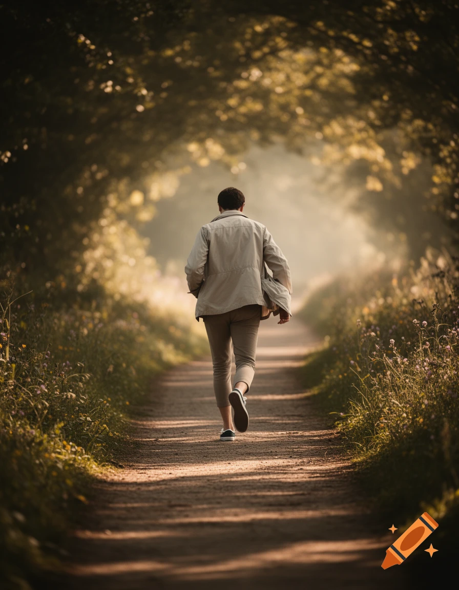 A person walks away down a sunlit, tree-lined dirt path, creating a tunnel effect in a photorealistic style.