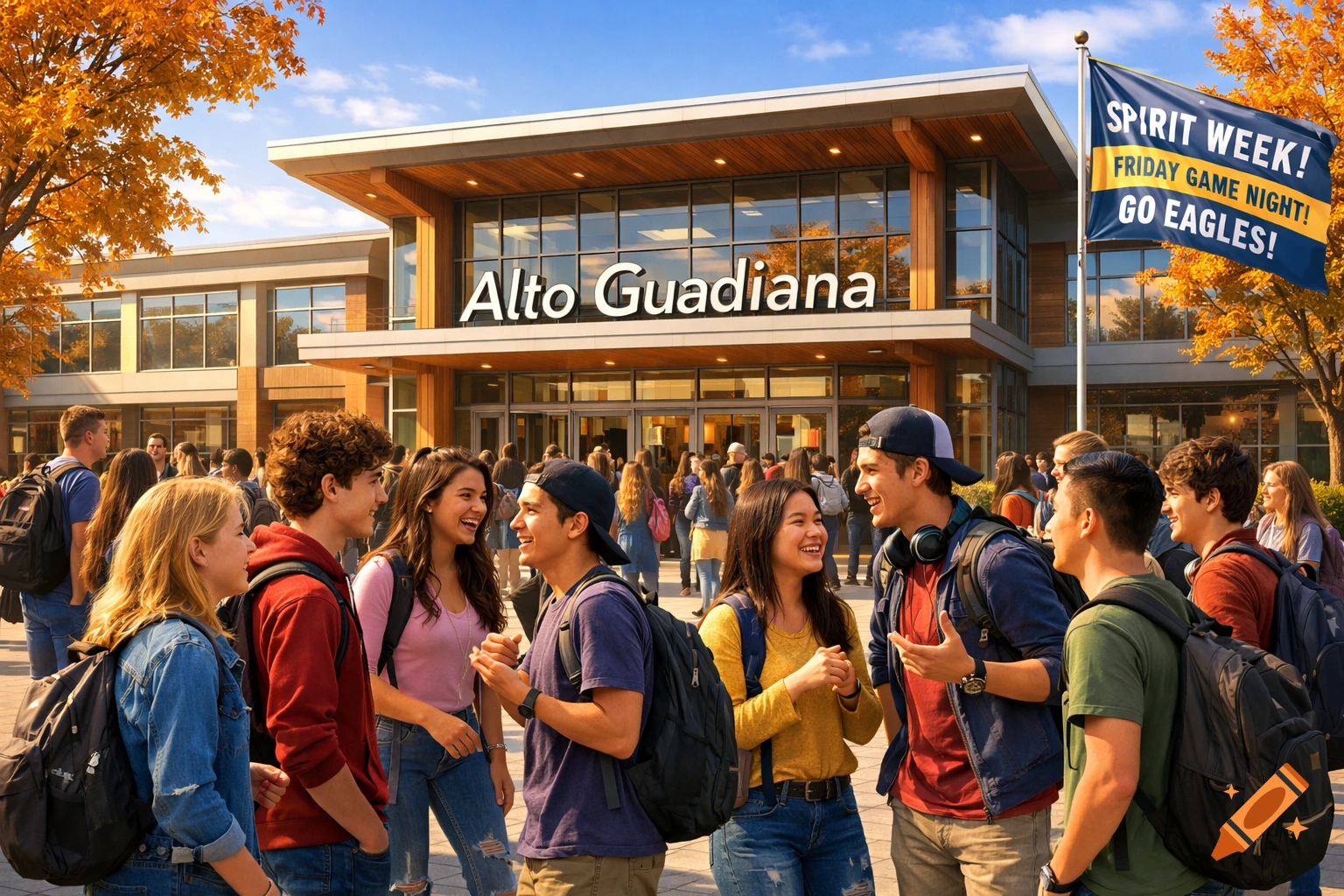 Diverse high school students socialize in front of a modern building with "Alto Guadiana" sign and a 'Spirit Week' flag on an autumn day.