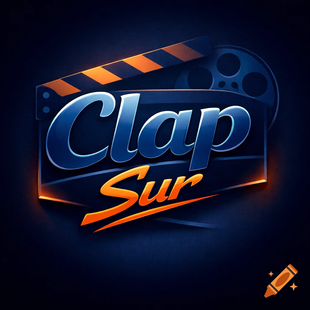 A stylized logo with glossy blue text 'Clap' and orange text 'Sur', backed by a film clapperboard and reel on a dark background.