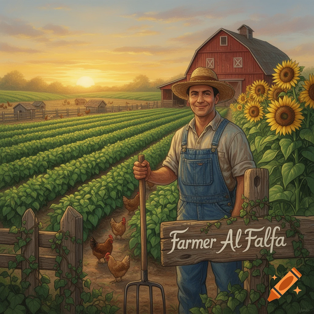Smiling farmer in overalls and straw hat holds a pitchfork by a 'Farmer Al Falfa' sign on a sunny farm with fields, a barn, sunflowers, and chickens at sunset.