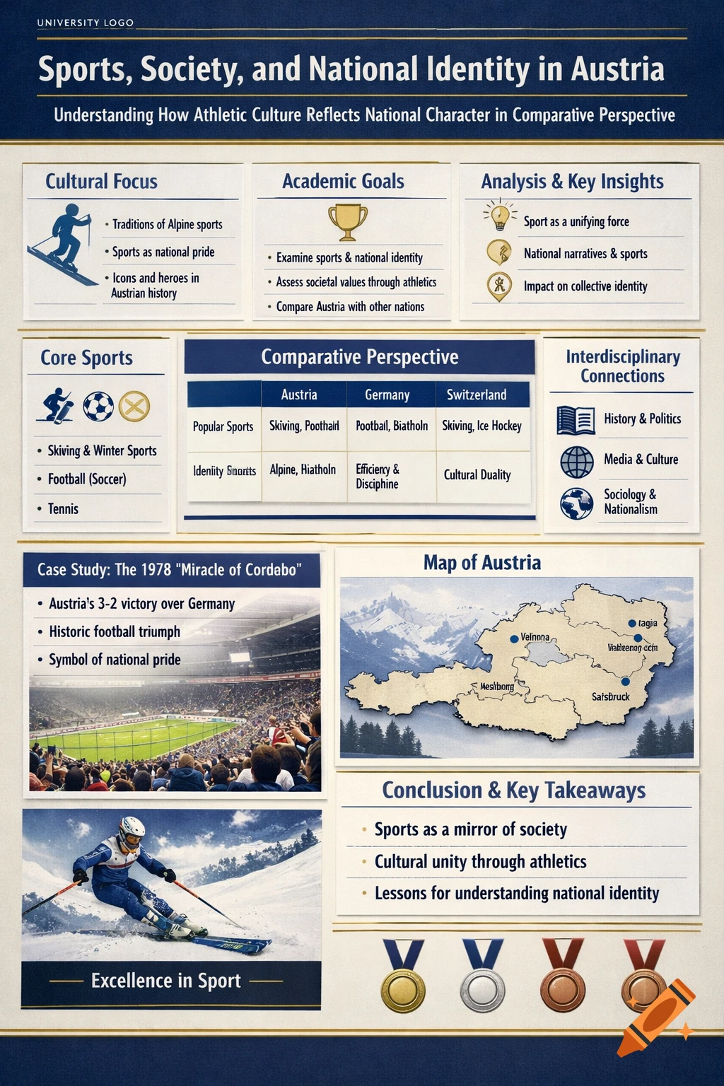 An academic poster titled "Sports, Society, and National Identity in Austria" with sections, images of skiers, a football stadium, a map of Austria, and medals.