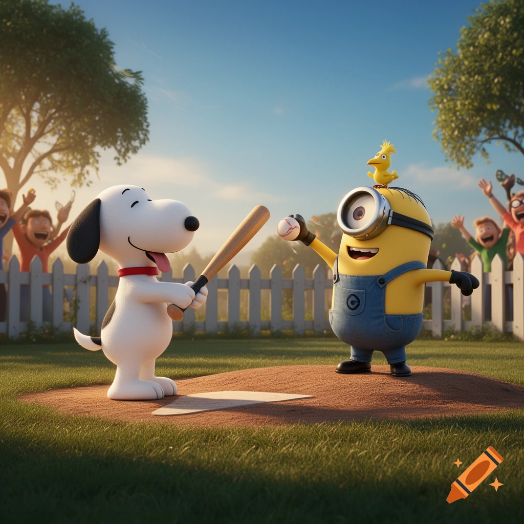 Snoopy batting in a baseball game while a Minion pitches with a bird on its head, cheered by a crowd.