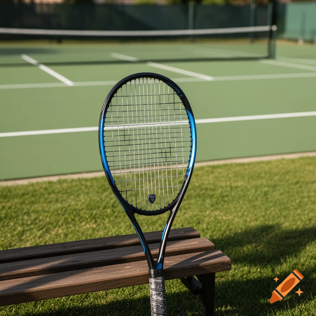 A blue and black tennis racket leaning on a wooden bench, with a tennis court and net in the background.