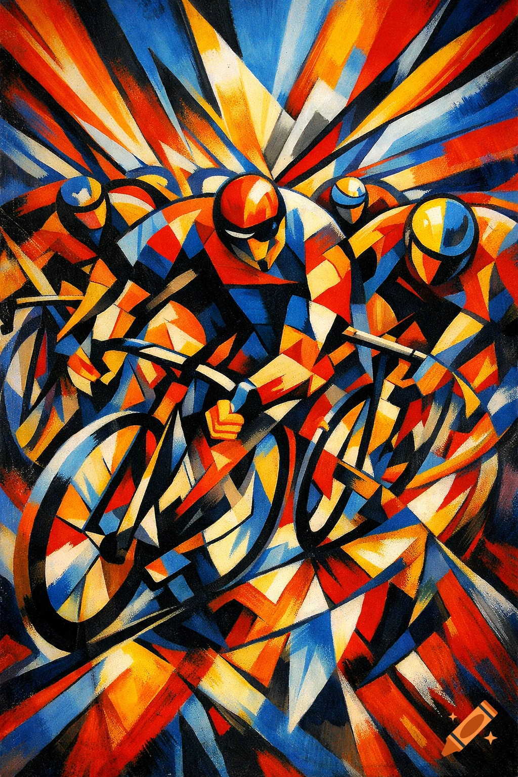 Abstract cubist painting of cyclists in a race, rendered in vibrant red, blue, and yellow geometric shapes.