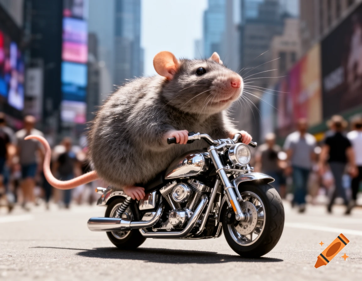 A photorealistic grey rat rides a chrome motorcycle down a bustling city street.