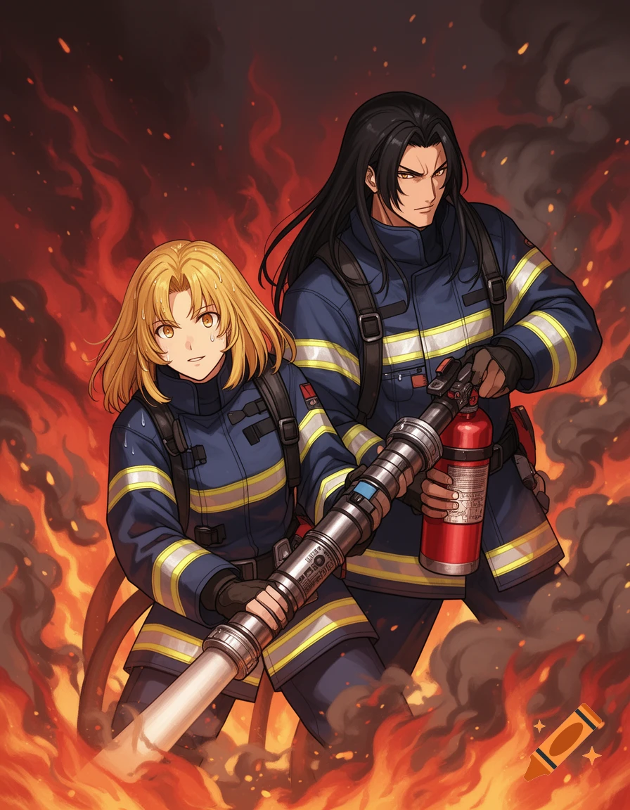 Two anime firefighters, a blonde woman and a long-haired man, battle a blaze with a hose amidst flames and smoke.