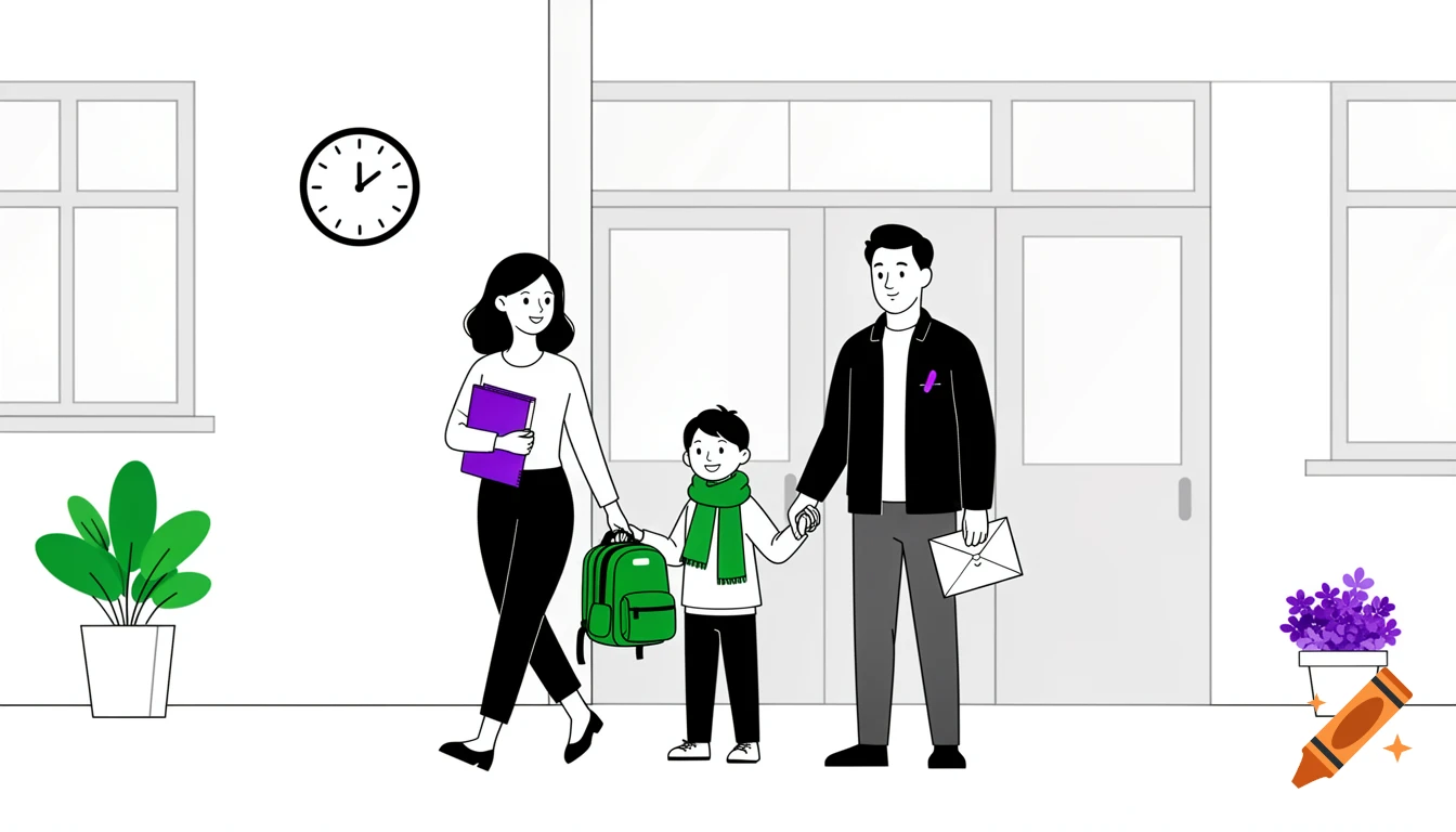 Flat vector illustration of a family (man, woman, child) walking outside a school. The child holds a green backpack and wears a green scarf.
