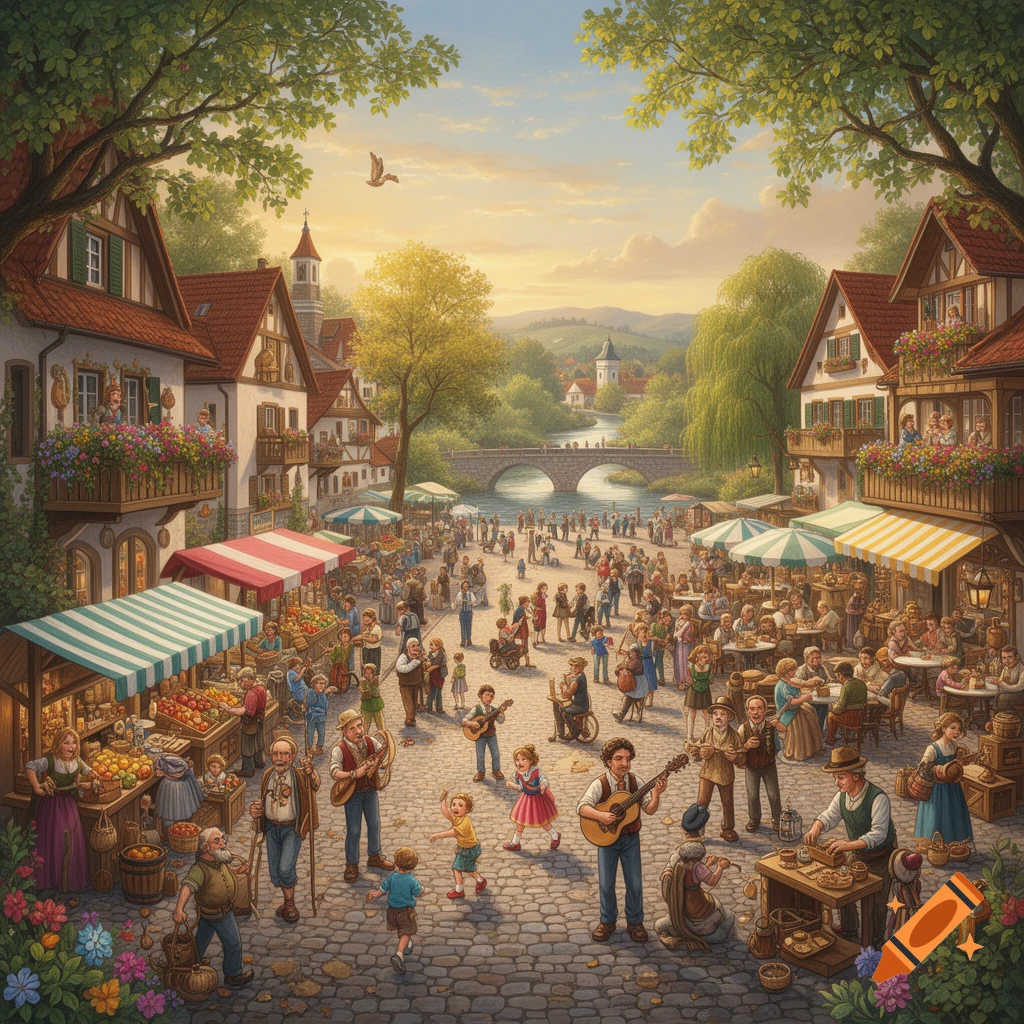 A vibrant, detailed illustration of a bustling village market with many people, stalls, musicians, and traditional buildings by a river and bridge.