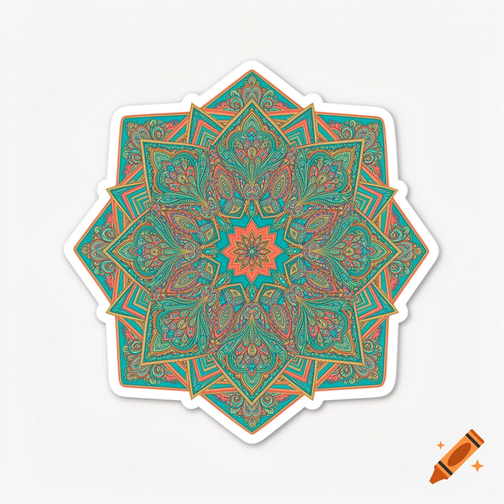 Vibrant, intricate mandala sticker with teal, orange, and gold patterns on a white background.