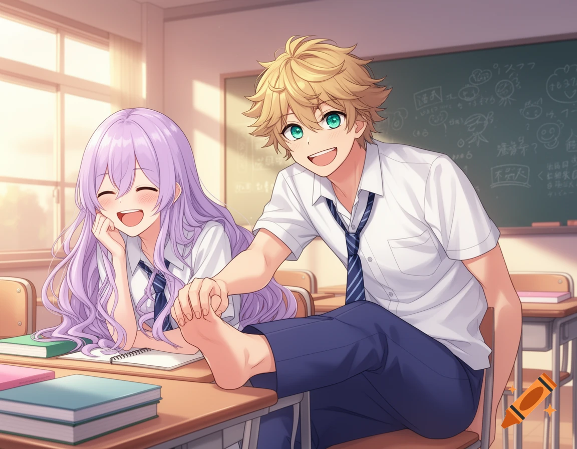 Anime boy playfully tickles a laughing girl's foot in a sunlit high school classroom.