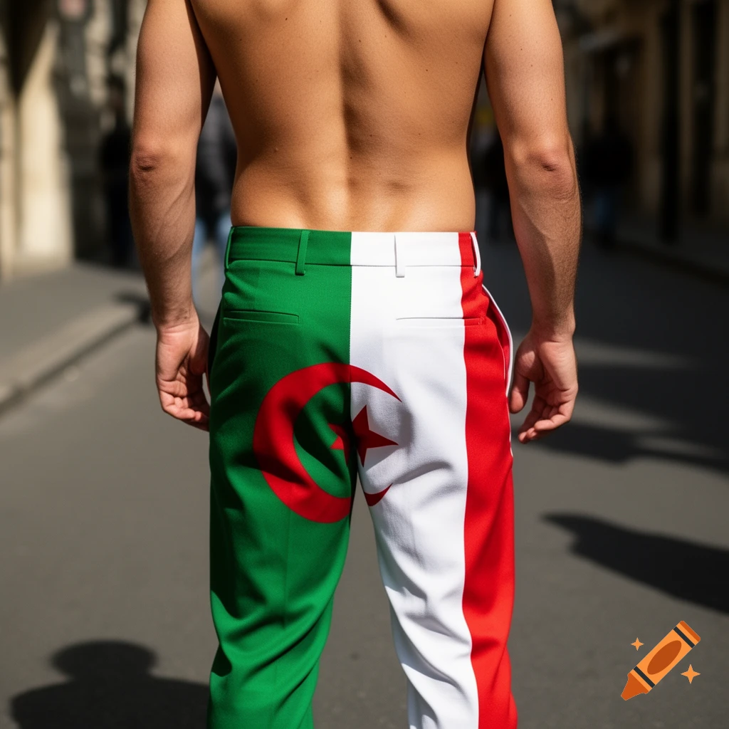 A shirtless man stands with his back to the camera, wearing pants designed with the Algerian flag pattern.