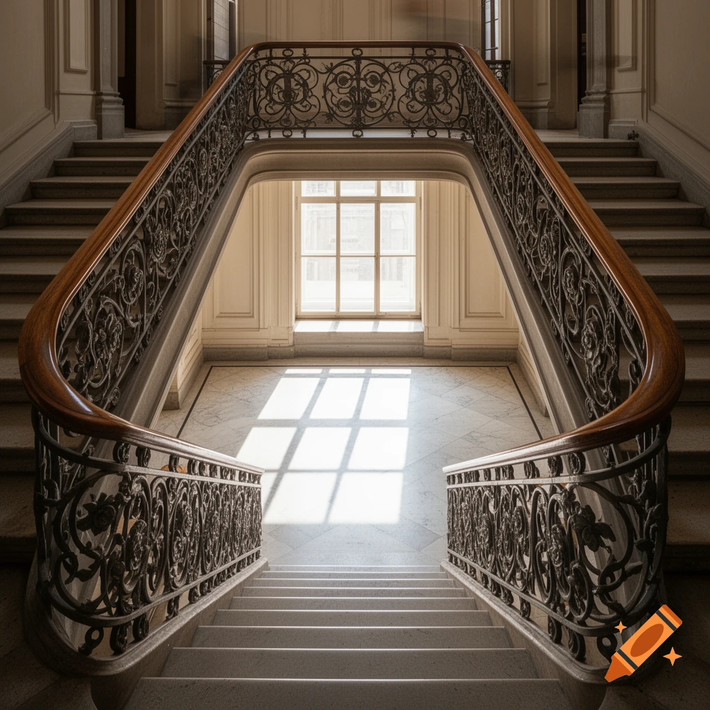 A grand staircase with ornate wrought iron railings and wooden handrails leads to a marble floor illuminated by a large window.