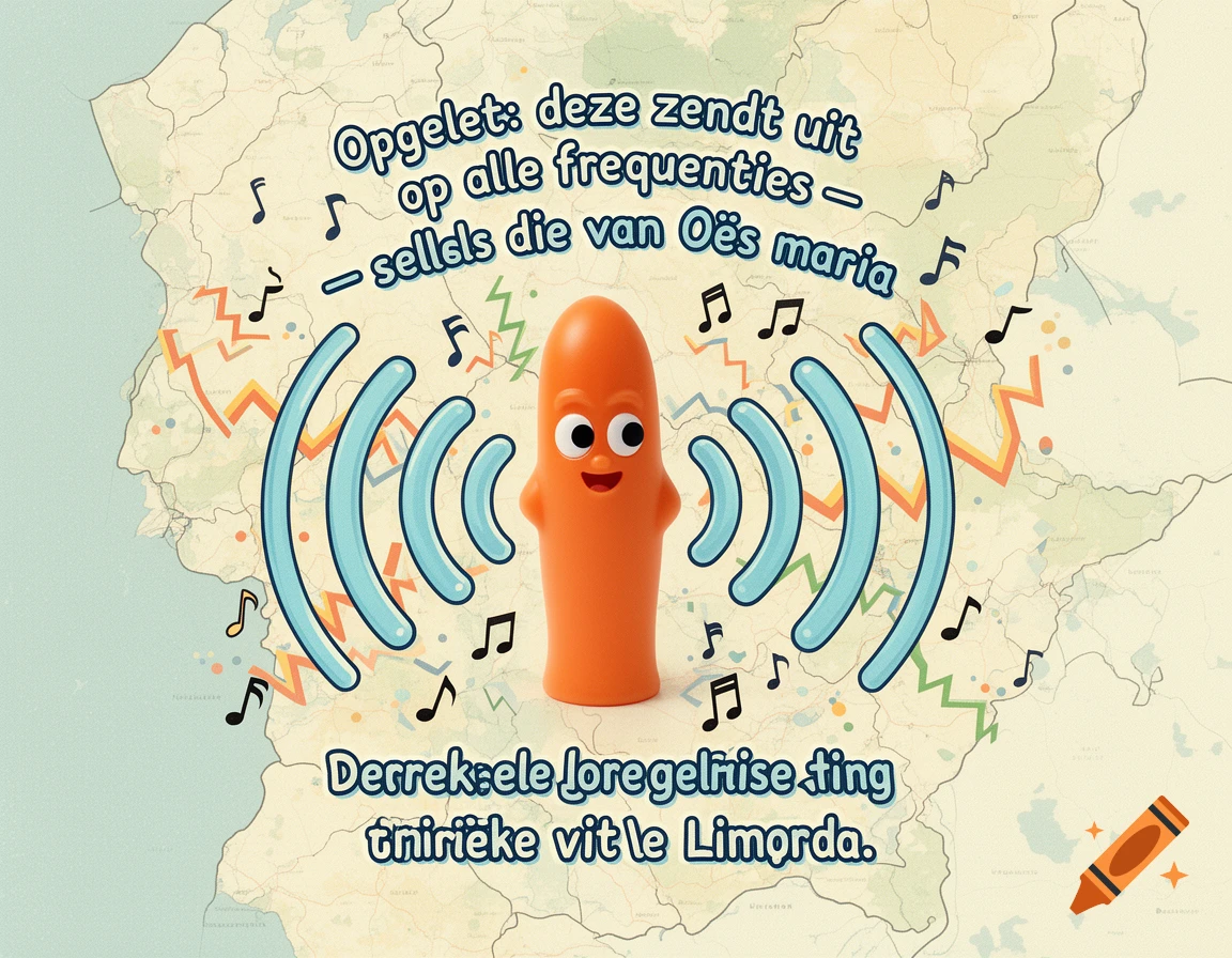A cartoonish orange figure with radio waves and musical notes radiating from it, set against a map background with Dutch text.