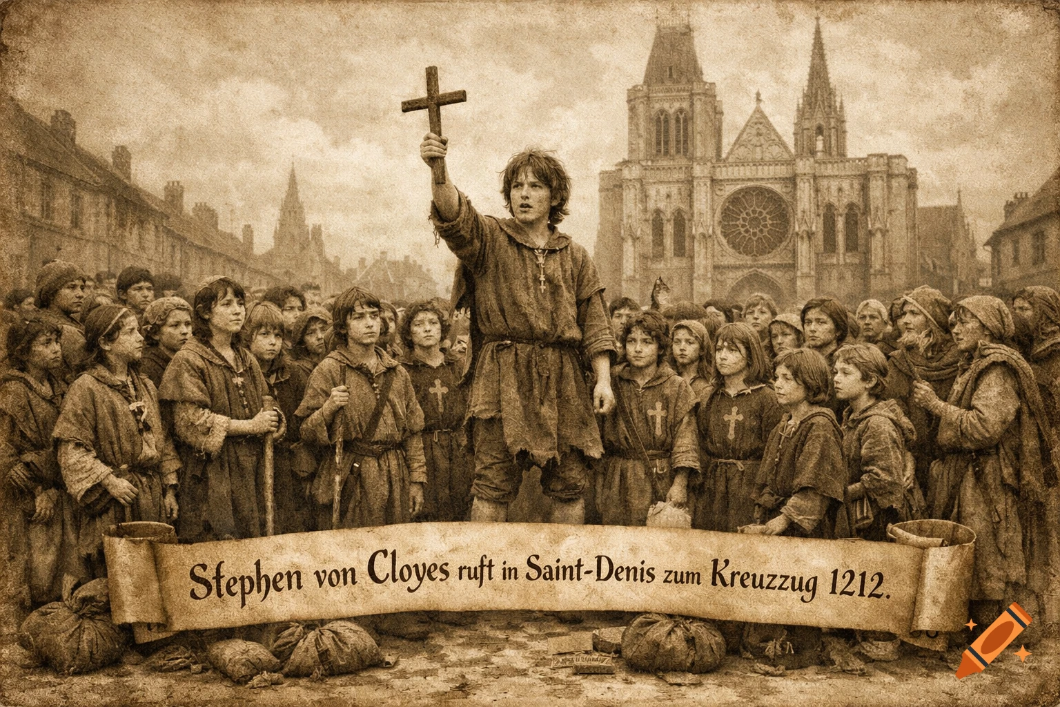 A sepia-toned image in the style of a medieval parchment map shows a boy holding a cross addressing a crowd of children in front of a Gothic abbey.