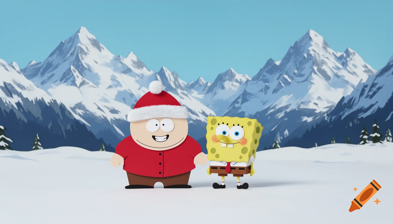 Eric Cartman in a Santa hat and Spongebob standing in a snowy field with mountains in a 2D cutout style.