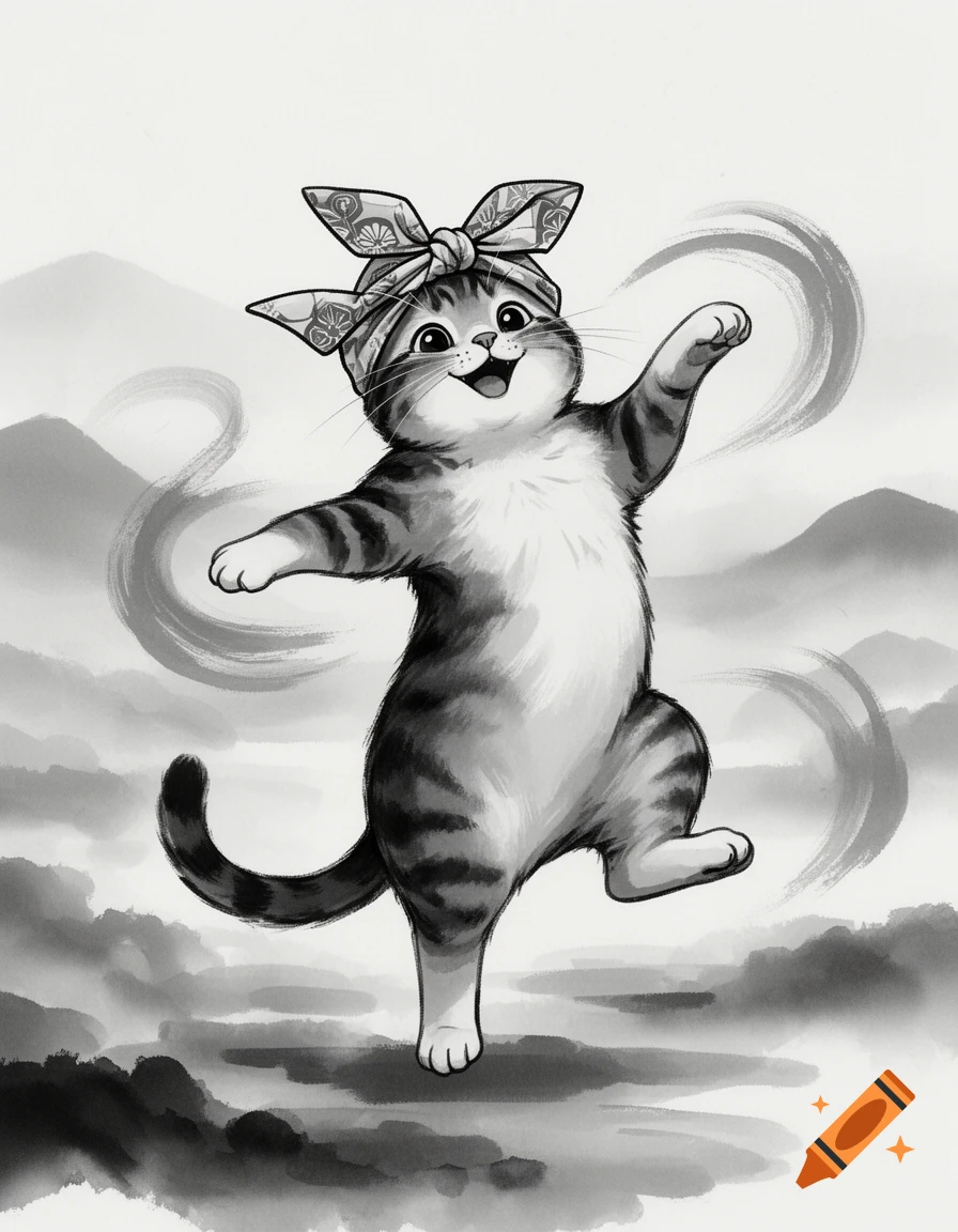 A cheerful tabby cat wearing a patterned bandana dances on its hind legs in a black and white Japanese ink drawing style with misty mountains.