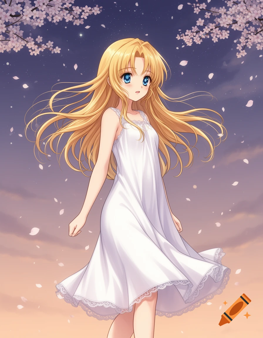 An anime blonde girl in a white nightgown stands under cherry blossoms with falling petals against a soft sky.