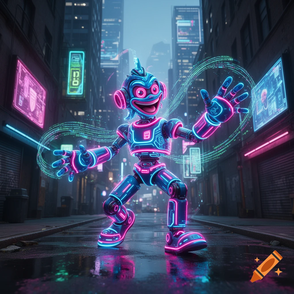 A vibrant blue and pink neon robot with a smiling face and headphones stands in a wet, futuristic cityscape at night.